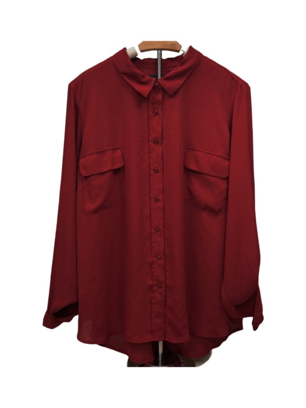 Investment II Lightweight Deep Red Flowy Long Sleeve Button-Up Summer Blouse NEW